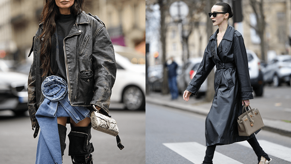 woman in worn leather jacket; woman in leather trench coat