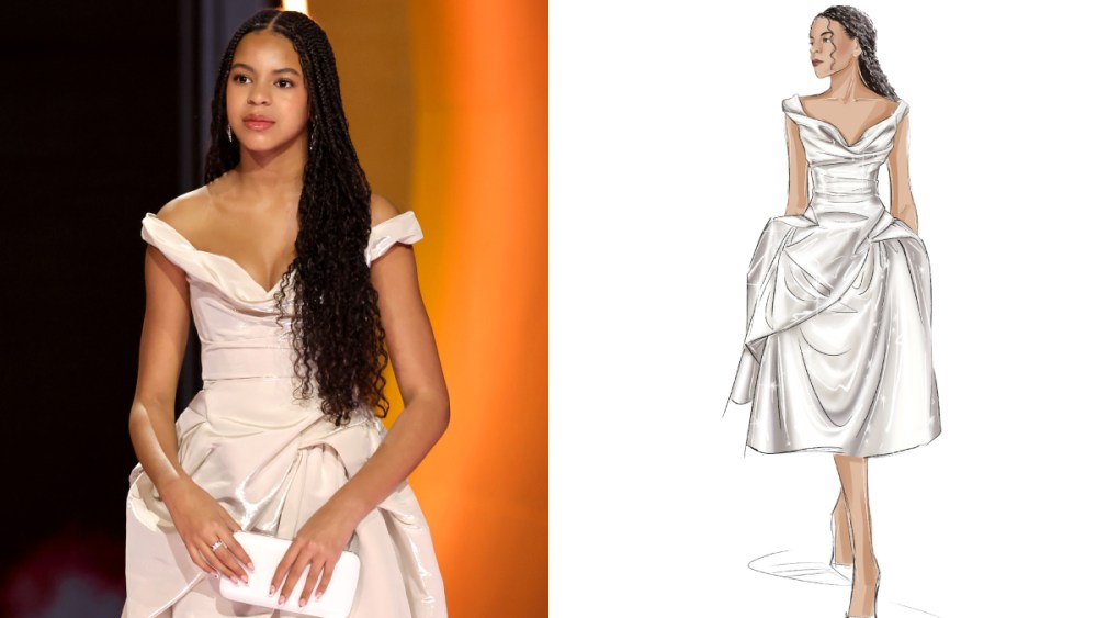 Blue Ivy dress in white Vivienne Westwood dress at the 2024 Grammy Awards, Los Angeles, sketches