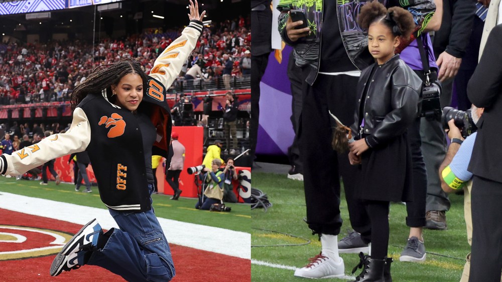 Blue Ivy outfit and Rumi Carter at the 2024 Super Bowl in Las Vegas., beyonce daughter, jay z daughter,