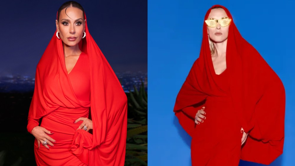 Dorit Kemsley in a red hooded dress from Schiaparelli’s spring 2023 ready-to-wear collection. Real Housewives of Beverly Hills reunion look. Season 13.