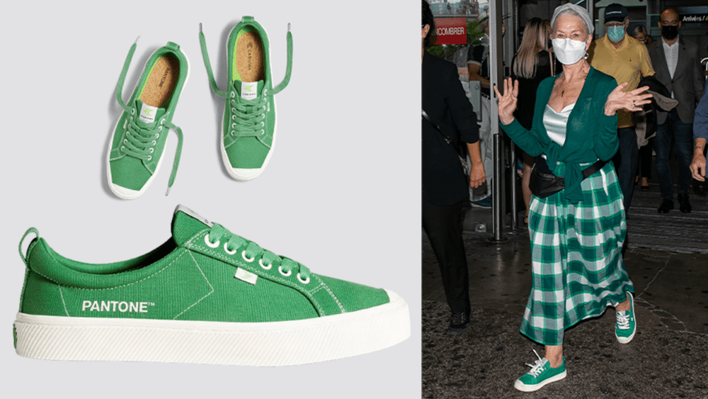 green canvas sneakers; Helen Mirren walking out of an airport in a face mask, green outfit, and green canvas sneakers