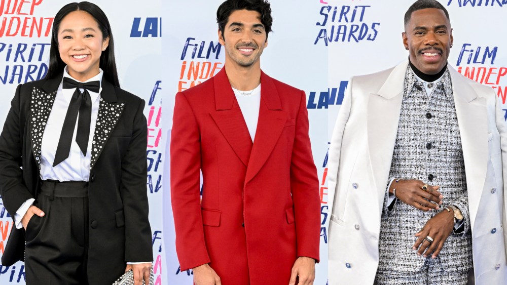Stephanie Hsu, Taylor Zakhar Perez and Colman Domingo at the 2024 Film Independent Spirit Awards on Sunday in Santa Monica, Calif.