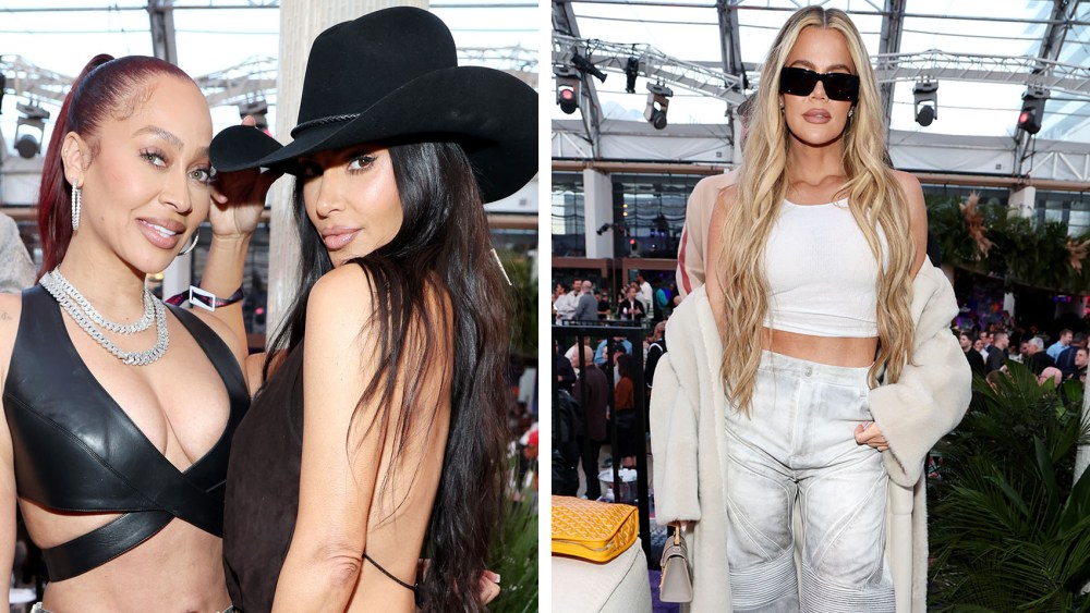 (L-R): La La Anthony, Kim Kardashian cowboy hat and Khloe Kardashian in balenciaga on Feb. 10 in Las Vegas at the 2024 Fanatics Super Bowl party.