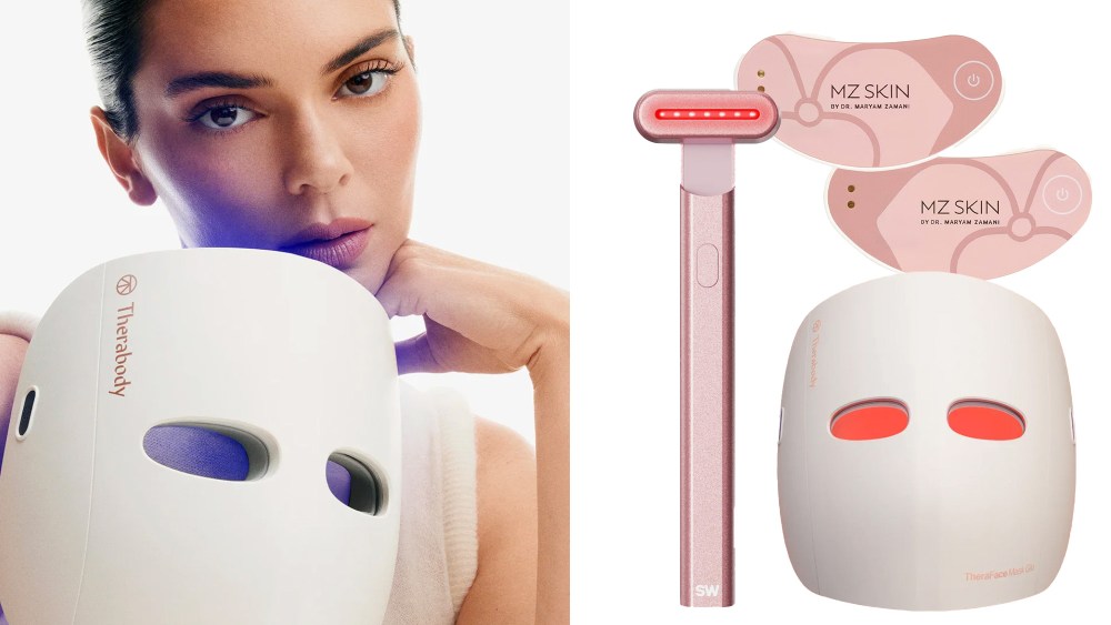 kendall jenner posing with therabody's new led face mask; an assortment of light therapy tools like wands, masks, and under-eye patches over white background