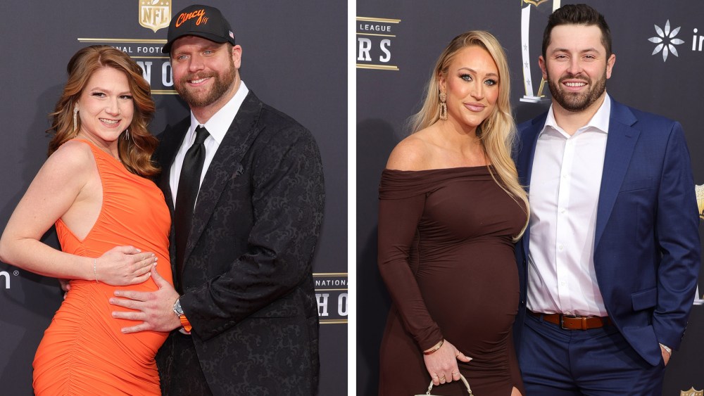 Baker Mayfield pregnant wife Emily Wilkinson and attend the 2024 NFL Honors on Feb. 8 in Las Vegas, Ted Karras pregnant wife Rachel Karras and orange dress attend the 2024 NFL Honors on Feb. 8 in Las Vegas.