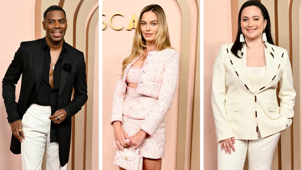margot robbie, lily gladstone, Colman Domingo at the 96th Oscars Nominee Luncheon at the Beverly Hilton on February 12, 2024 in Beverly Hills, California, celebrity red carpet style