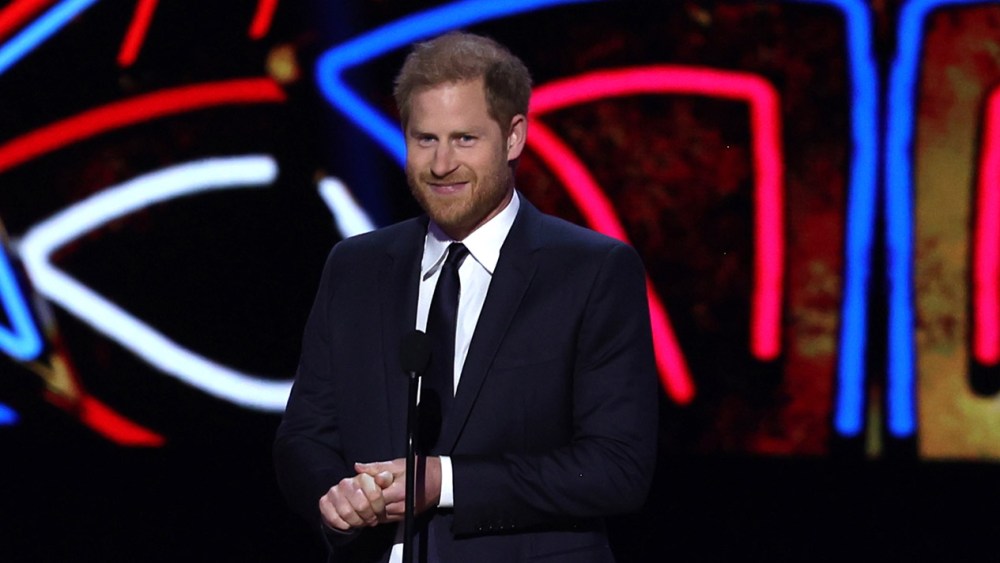 LAS VEGAS, NV - FEBRUARY 8: Prince Harry, Duke of Sussex presents the Walter Payton Man of the Year Award at the 13th Annual NFL Honors on February 8, 2024 in Las Vegas, Nevada. (Photo by Perry Knotts/Getty Images)