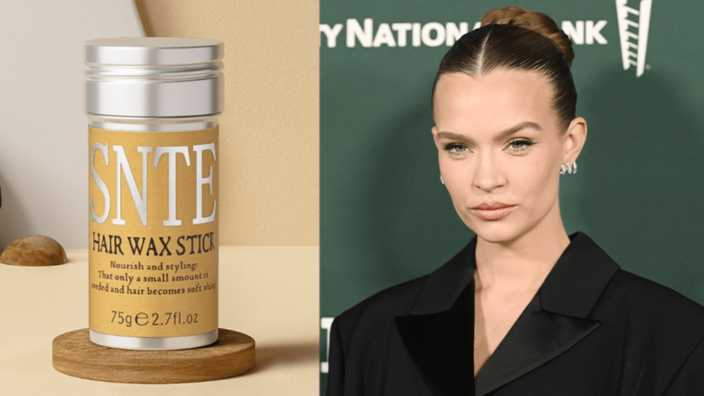 image of hair gel wax stick on beige table; Josephine Skriver in a black blazer in front of a green backdrop wearing her hair in a bun