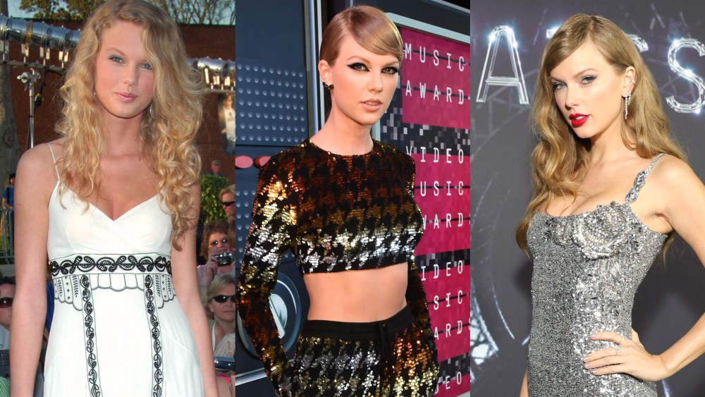 Taylor Swift in 2006, 2015 and 2023, taylor swift style evolution,