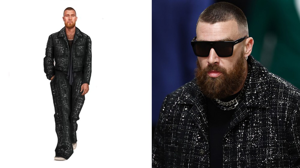 Travis Kelce wears Amiri outfit (right) for the Super Bowl 2024.