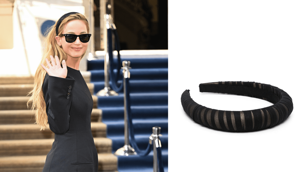 Jennifer Lawrence waving on set, Jennifer Behr headband on sale