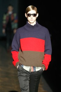 A model on the runway at Dries Van Noten's fall 2008 menswear show at the Couvent des Cordeliers in Paris.