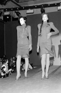 Pat Cleveland and Alva Chinn walk in the Thierry Mugler Fall 1980 Ready-to-Wear Collection