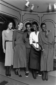 Models Bethann Hardison, Karen Bjornson, Alva Chinn and Iman pose with designer Stephen Burrows