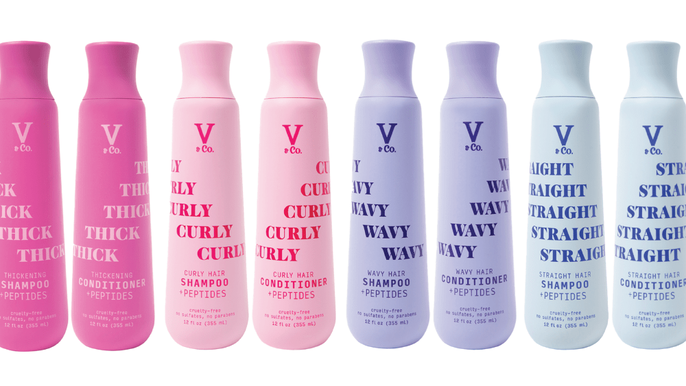 V&Co. debuts with four shampoo and conditioner duos, each targeting a specific hair type and retailing for $7.99 to $8.99 per bottle.