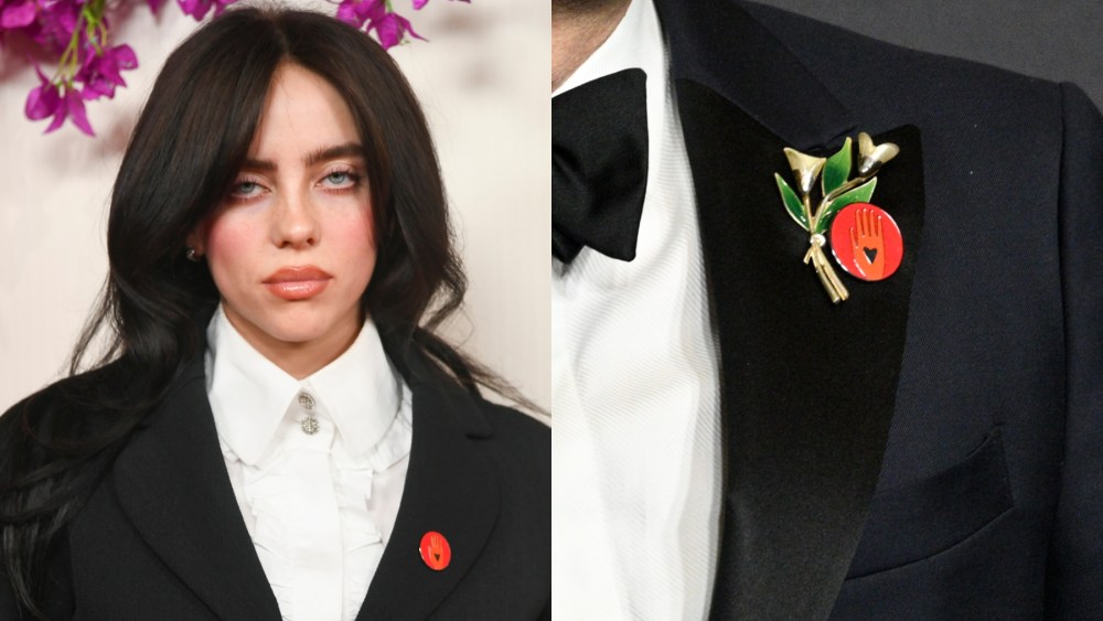 Billie Eilish wears an Artists4Ceasefire pin at the 2024 Oscars on March 10 in Los Angeles; Close-up of Mark Ruffalo wearing an Artists4Ceasefire pin at the Directors Guild of America Awards.
