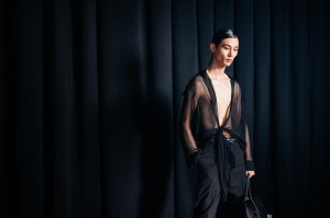 Backstage at the Mugler fall 2024 ready-to-wear show at Paris Fashion Week.