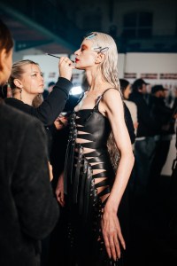 Backstage at the Mugler fall 2024 ready-to-wear show at Paris Fashion Week.