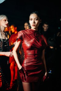 Backstage at the Mugler fall 2024 ready-to-wear show at Paris Fashion Week.
