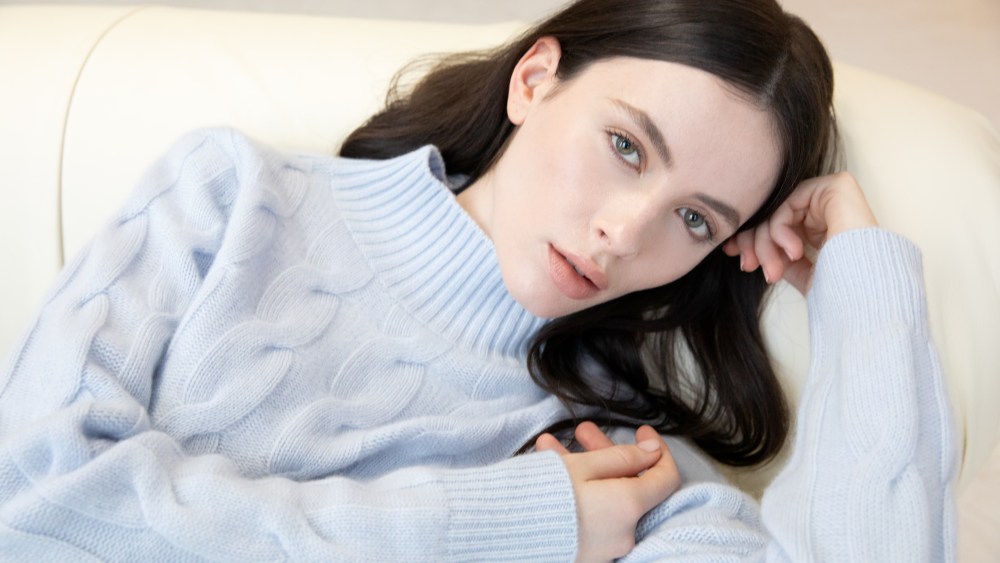 Blue cable sweater from Kinross.