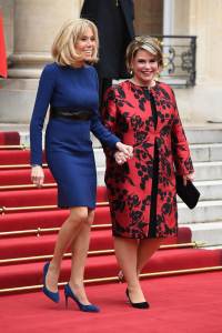 Brigitte Macron and Maria Teresa, Grand Duchess of Luxembourg smile as they walk in the courtyard of Elysee Palace on March 19, 2018 in Paris, France.