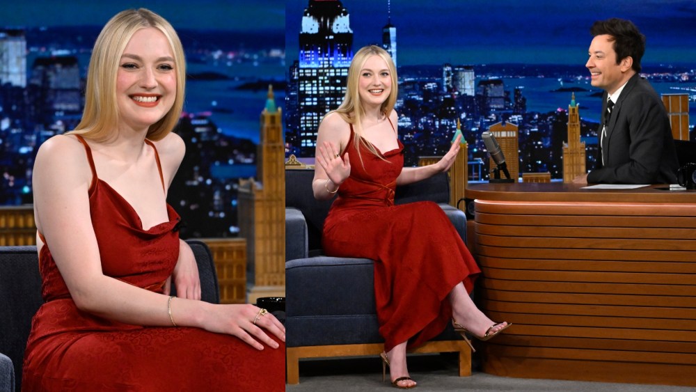Dakota Fanning on "The Tonight Show" on March 25, red dress, john galliano