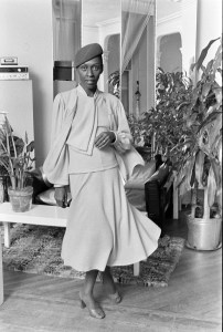 Model Bethann Hardison poses in the soft suit in Indian turquoise. The feature was shot in Stephen Burrows, New York loft that he shared with friends who daughter Marissa Strafaci joined the shoot.