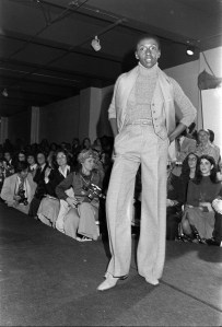 Model Bethann Hardison. Collection presented to buyers and the press inside Klein's design headquarters at 205 West 39th Street in Manhattan on May 6, 1975.