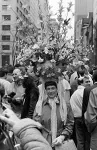 Participants doned hats of their own creations for the annual Easter Parade held along 5th Ave near Saint Patrick's Cathedral on April 4, 1988 in New York, New York