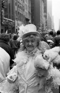 Participants doned hats of their own creations for the annual Easter Parade held along 5th Ave near Saint Patrick's Cathedral on April 4, 1988 in New York, New York