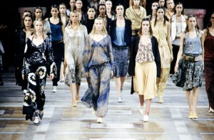 The models walk the runway at the finale of the Dries Van Noten Spring 2002 Ready to Wear Runway Show on October, 9, 2001, in Paris, France.