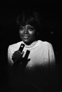 Actress and singer Diana Ross, wearing a squined dress, performing on stage in Miami, Florida, 1971.