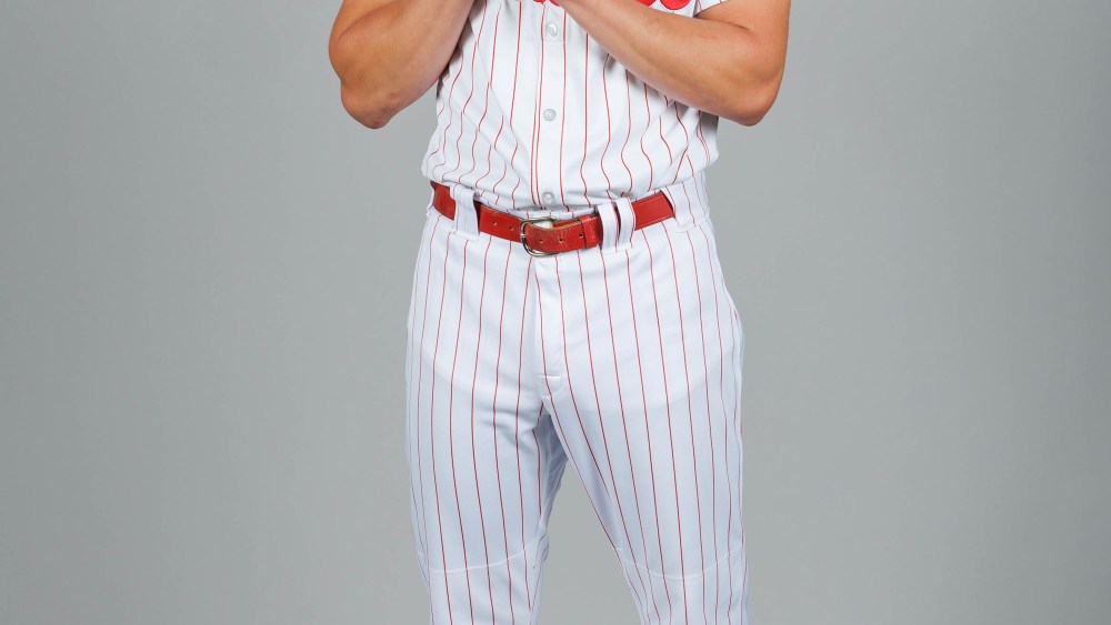 Alex Bohm of the Philadelphia Phillies in the see-through uniform pants.