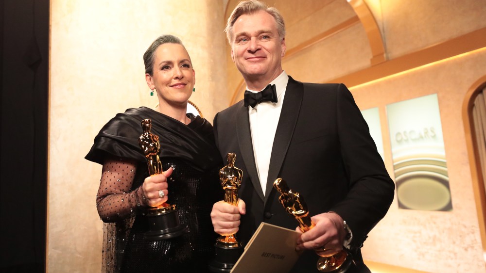 HOLLYWOOD, CALIFORNIA - MARCH 10: In this handout photo provided by A.M.P.A.S., Emma Thomas and Christopher Nolan are seen backstage during the 96th Annual Academy Awards at Dolby Theatre on March 10, 2024 in Hollywood, California. (Photo by Al Seib/A.M.P.A.S. via Getty Images)