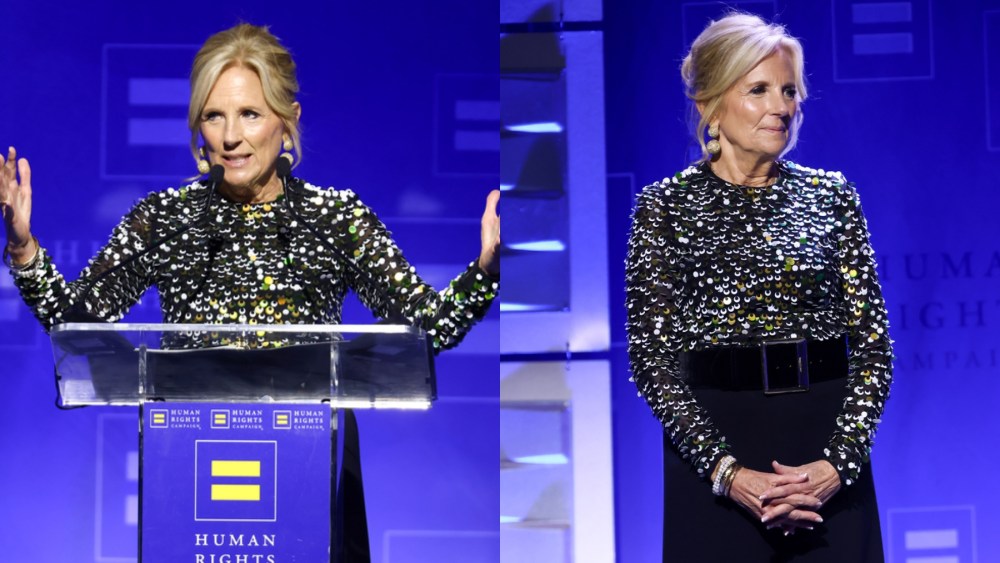 First Lady Dr. Jill Biden onstage during a Human Rights Campaign dinner in Los Angeles on March 23.
