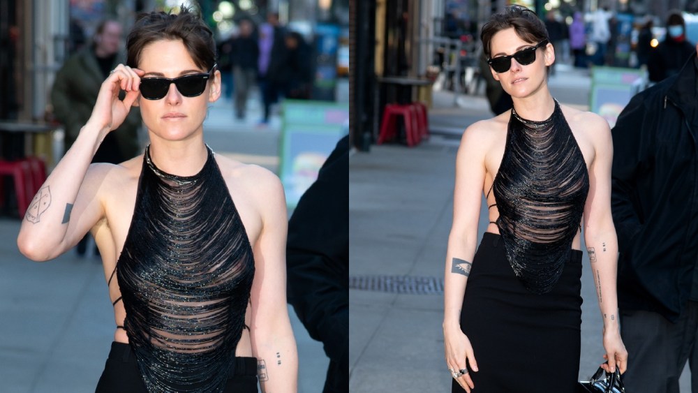 Kristen Stewart arrives at "The Late Show with Stephen Colbert" on March 11 in New York, monot halter top, maxiskirt