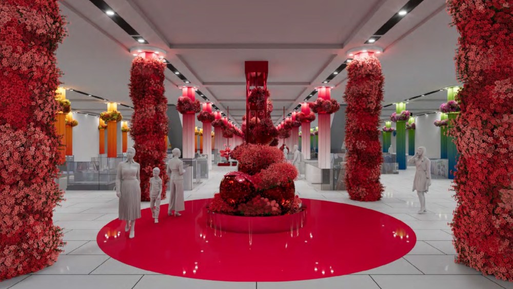 Macy's Flower Show 2024 rendering featuring red arrangements.