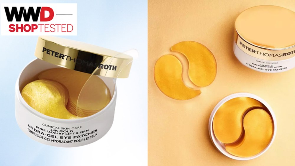Peter Thomas Roth 24K gold eye patches on a blue background; peter thomas roth under eye patches