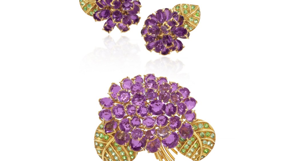 The Bouquet de Violettes brooch and earring set by the house of Boivin, which will go under the hammer at Sotheby's Geneva in May.