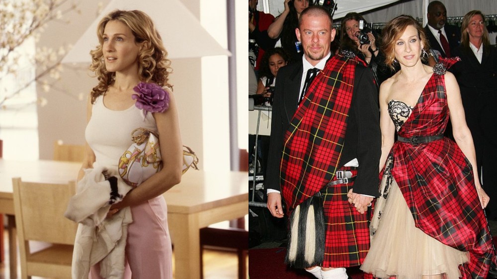 Sarah Jessica Parker as Carrie Bradshaw in "Sex and the City;" Sarah Jessica Parker and Alexander McQueen attend the 2006 Met Gala.