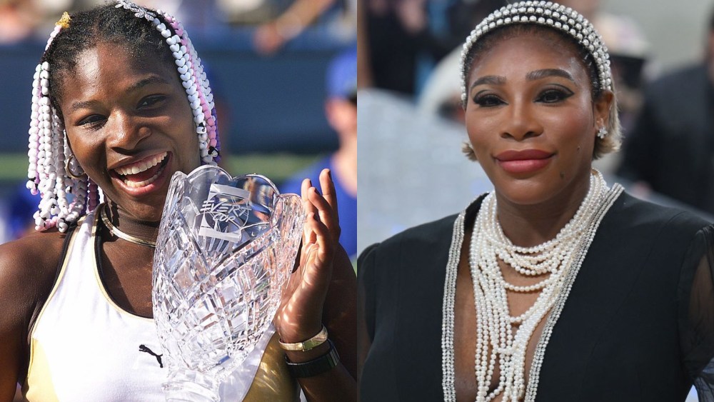 Serena Williams hair braids in 1999; Serena Williams in 2023, makeup