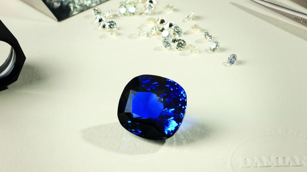 The Eternal Blue sapphire appearing in Damiani's 100th anniversary exhibition.