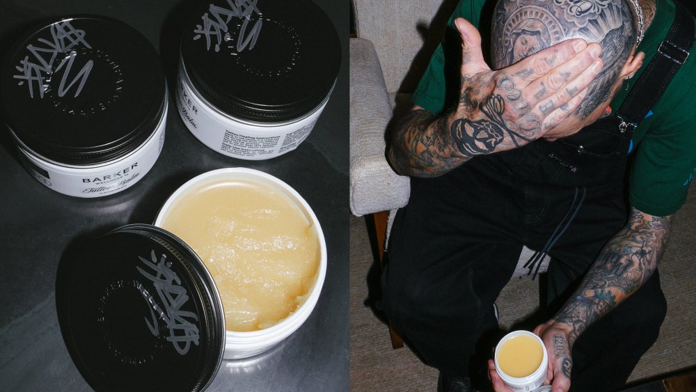 Travis Barker applying products from his Barker Wellness Tattoo Aftercare Collection.