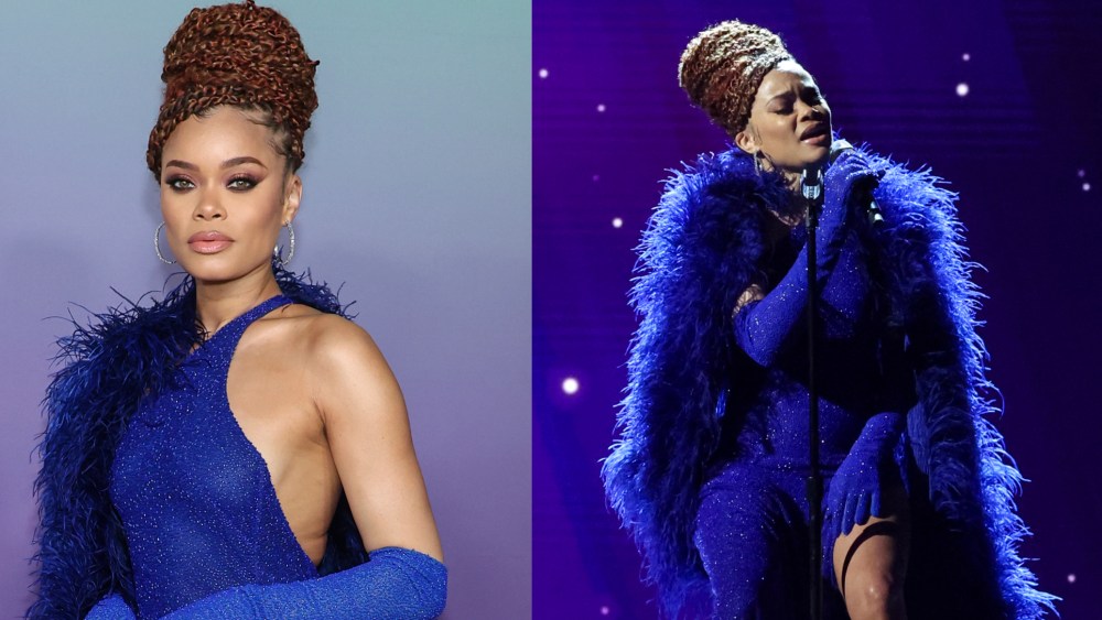 Andra Day Naeem Khan blue dress and feather cape at the 55th NAACP Image Awards 2024, performance