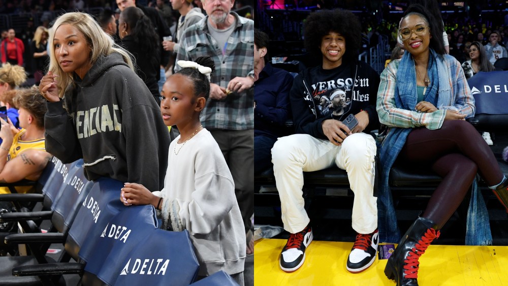 (L) lebron james wife Savannah James and lebron james daughter Zhuri James at the Lakers Game on March 24, (R) Jennifer Hudson and her son David Daniel Otunga Jr.