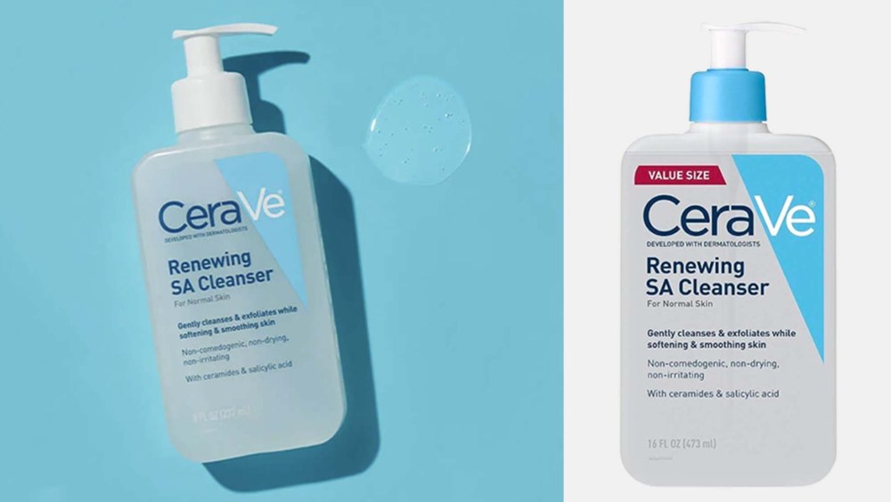 a blue and white bottle of CeraVe acne face wash 