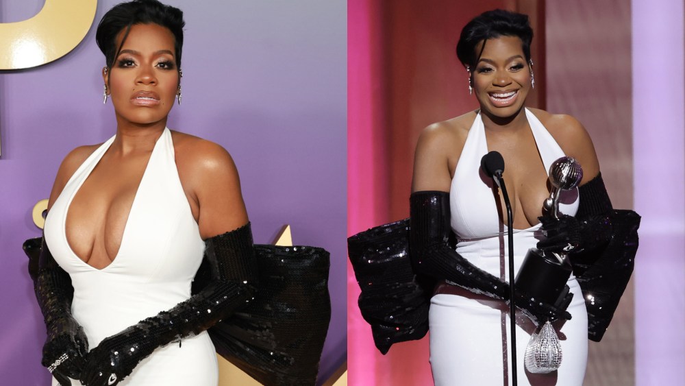 Fantasia Barrino at the 2024 NAACP Image Awards on March 16 in Los Angeles, white monot dress with bow