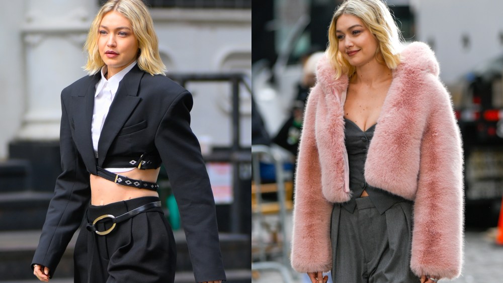Gigi Hadid is seen during a photo shoot for Maybelline in SoHo on March 26, 2024 in New York City.