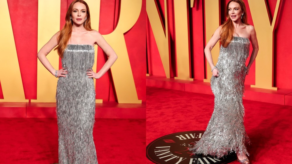 Lindsay Lohan at the 2024 Vanity Fair Oscar Party held at the Wallis Annenberg Center for the Performing Arts on March 10, 2024 in Beverly Hills, California.