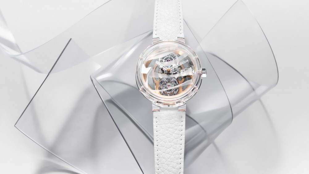 The Tambour Moon Saphir Tourbillon Volant Poinçon de Genève designed by Frank Gehry.